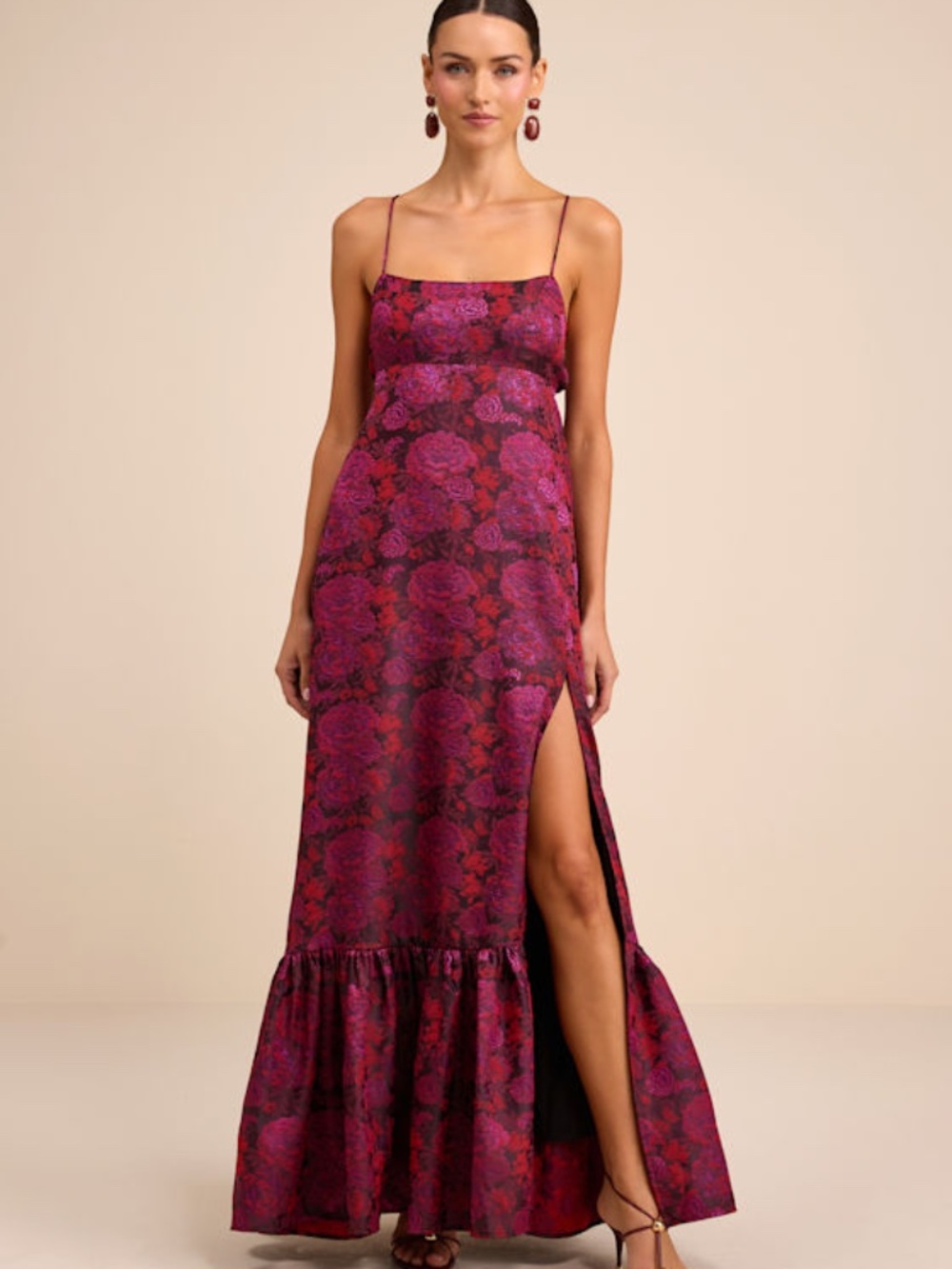 Lulus Jasiel Burgundy Jacquard Lace-up Tiered Maxi Dress - Size L